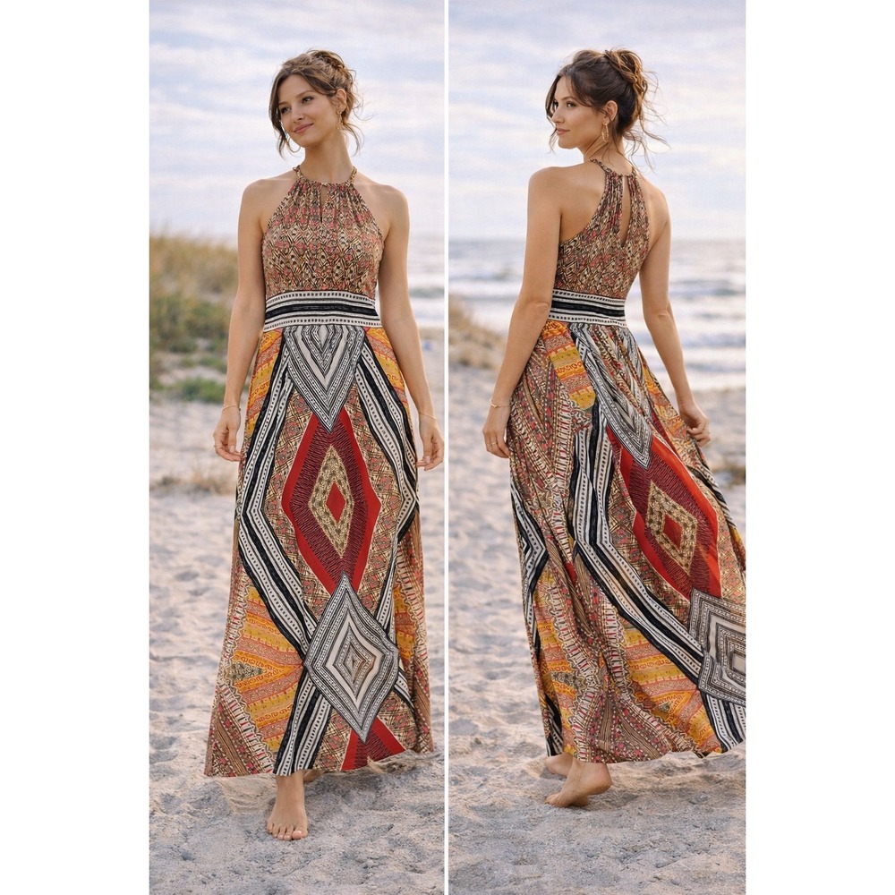 London Times Halter Maxi Dress Size‎ 14 Boho Tribal Geometric Print